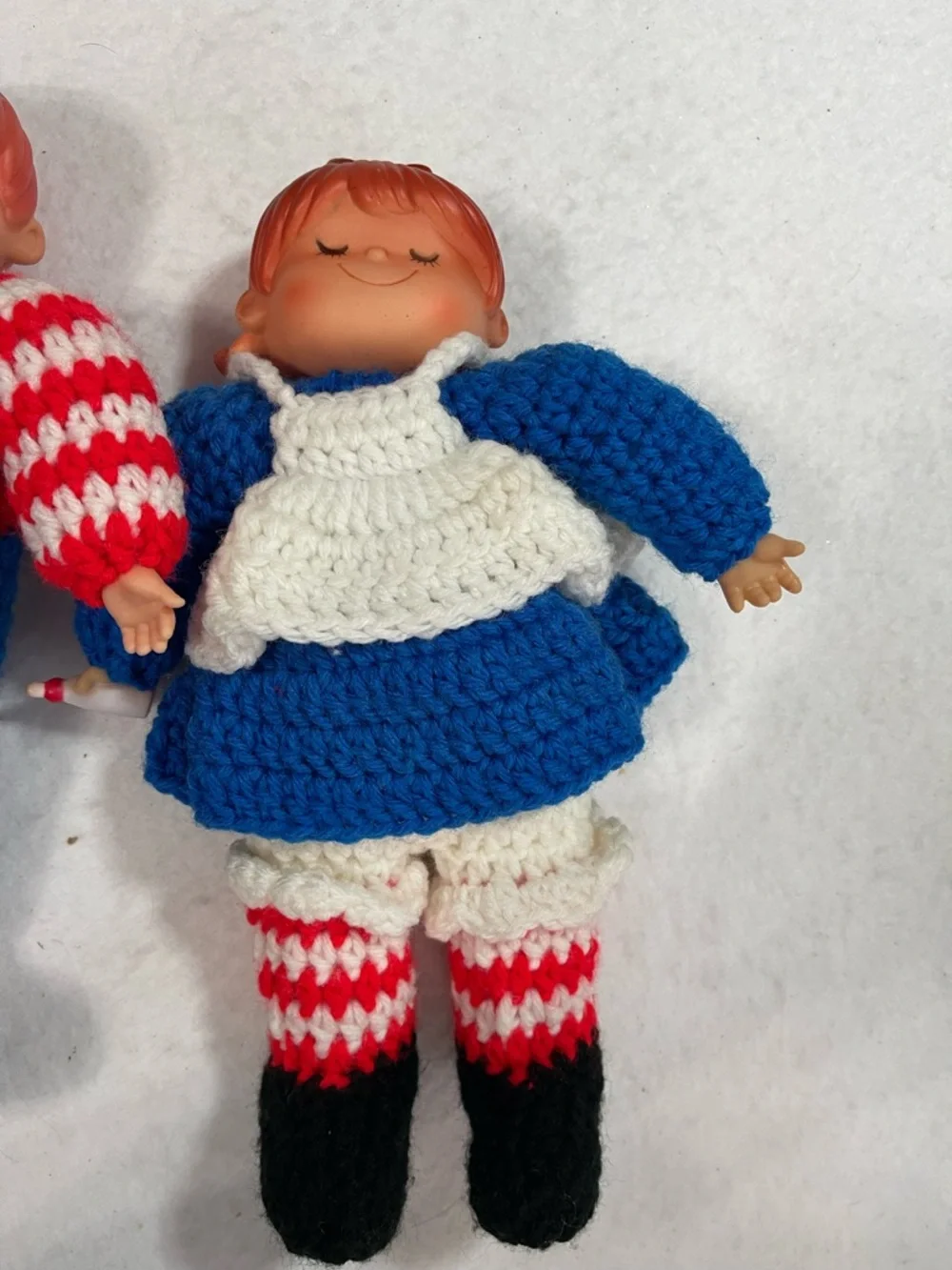 Handmade‎ Blue & Red Crochet Doll with plastic head and hands